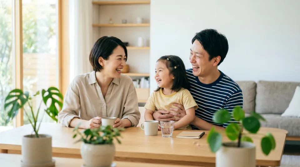 明るいリビングで笑顔で過ごす家族